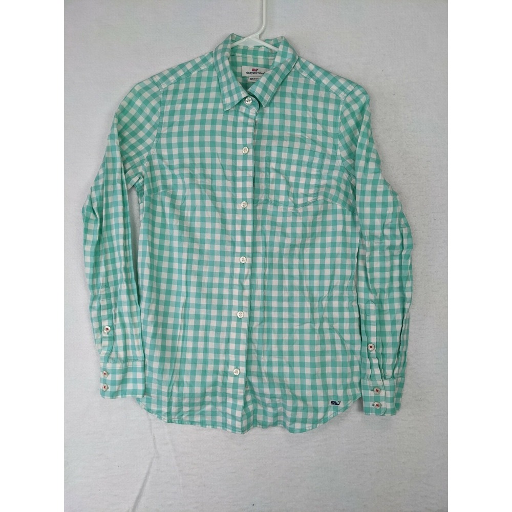 Vineyard‎ Vines Womens Long Sleeve Shirt Sz 2 Green White Cotton